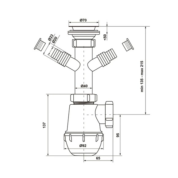 Сифон для кухонної мийки KronoPlast 1 1/2''х40 мм з різьбовим випуском та відводом для побутової техніки SM14030000 (CV018861) фото 2