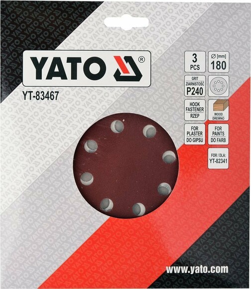 Круг шлифовальный с липучкой Yato YT-83467 для YT-82341 (диам. 180 мм, Р240) изображение 2