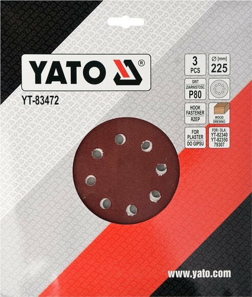 Диск шліфувальний з липучками Yato YT-83472 для YT-82340 і YT-82350 (діам. 225 мм, Р80) фото 2