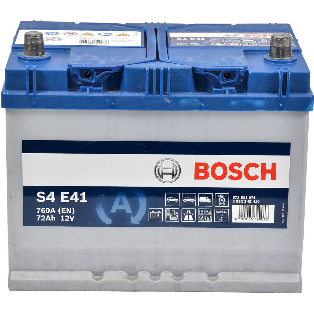 

Автомобильный аккумулятор Bosch S4E EFB ASIA 12В, 72 Ач, 760 А (0092S4E410)