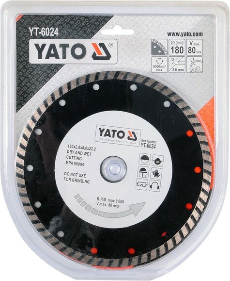 Диск алмазный YATO турбо 180x8,0x22,2 мм (YT-6024) изображение 2