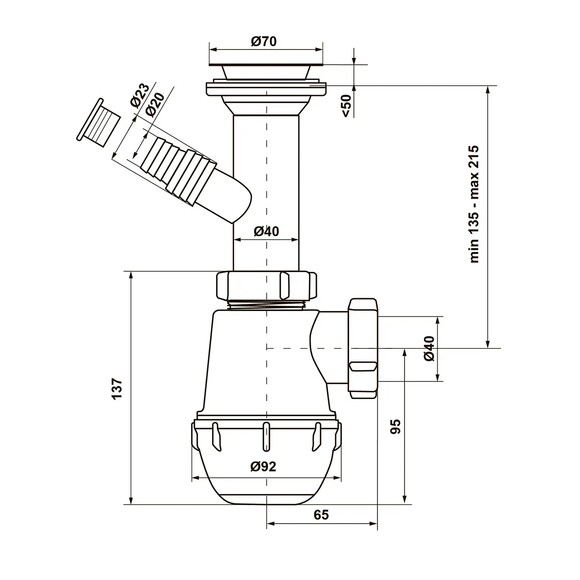 Сифон для кухонної мийки KronoPlast 1 1/2''х40 мм з литим випуском і відводом для пральної машини SM13000000 (CV022125) фото 2