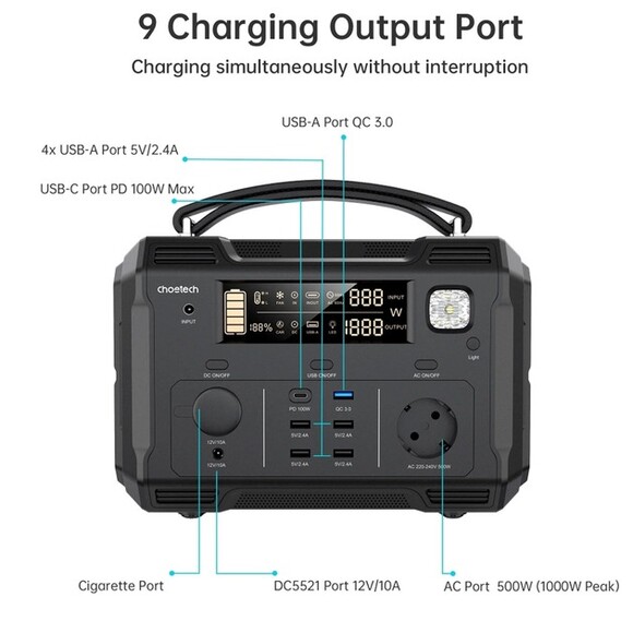 Зарядная станция Choetech BS004-EU-BK (484 Вт·ч / 500 Вт) изображение 8