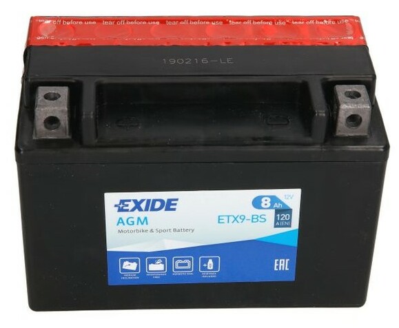 Мото аккумулятор EXIDE YTX9-BS, 8Ah/120A изображение 2