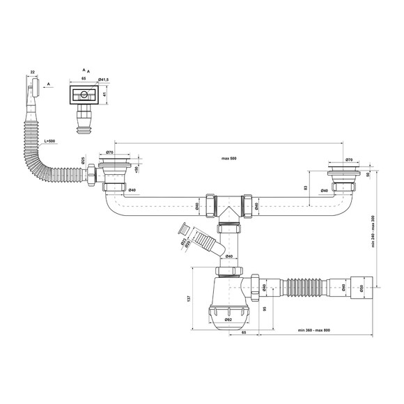 Сифон двойной для кухонной мойки KronoPlast 1 1/2''х40 мм с резьбовыми выпусками, отводом для стиральной машины, с прямоугольным переливом SM44620343 (CV022205) изображение 2