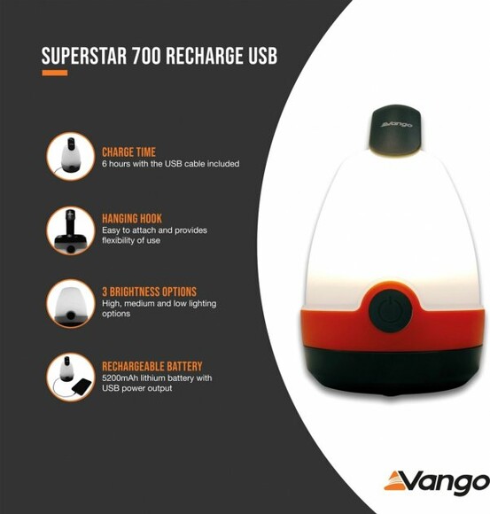 Фонарь кемпинговый Vango Superstar 700 Recharge USB Orange (ACSLANTRN3KTW37) изображение 5