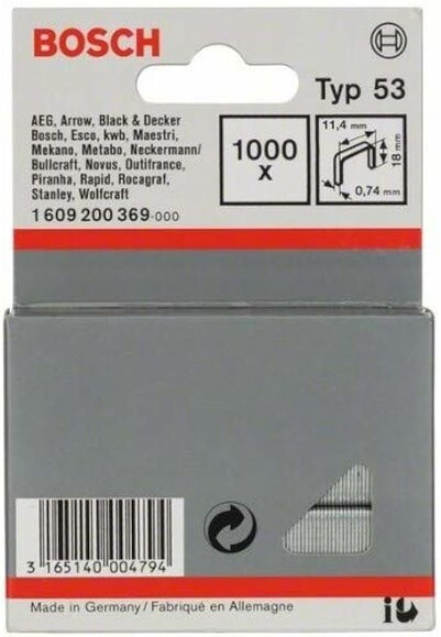 Скобы для степлера Bosch тип 53, 11.4х18 мм, 1000 шт. (1609200369)