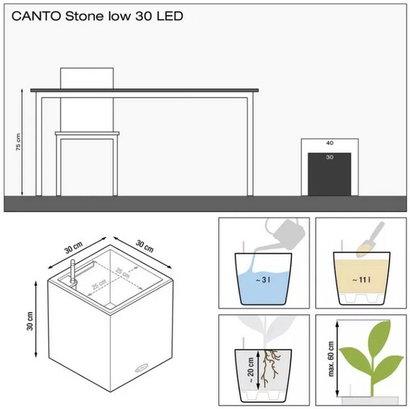 Вазон Lechuza CANTO Stone low 30, LED, графитовый (13632) изображение 3