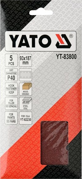Папір шліфувальний з липучкою Yato YT-83800 для YT-82230 (93х187 мм, Р40) фото 2