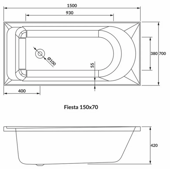 Ванна прямоугольная VOLLE FIESTA NEO 150х70 см, без ножек (1234.001570) изображение 3