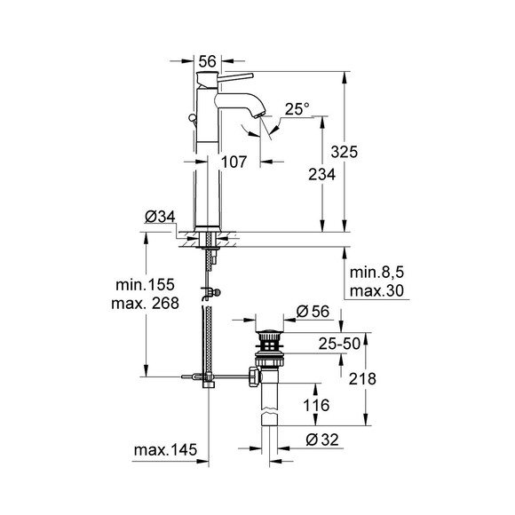 Змішувач для раковини Grohe BauClassic XL-Size з донним клапаном (32868000) (CV032468) фото 2