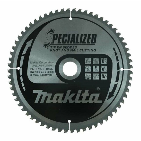 Пильний диск Makita Specialized по дереву з цвяхами 260x30мм 64T (B-40630)