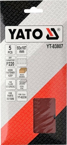 Папір шліфувальний з липучкою Yato YT-83807 для YT-82230 (93х187 мм, Р220) фото 2