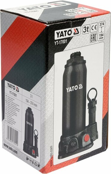 Домкрат гидравлический бутылочный Yato 3 т 194х374 мм (YT-17001) изображение 3