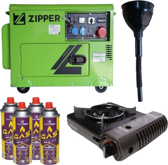 Дизельный генератор Zipper ZI-STE7500DSH + газовая плитка Orcamp CK-505 + 4 газовых картриджа 400 мл Zipper (KZI-STE7500DSH)