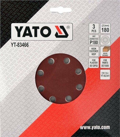 Круг шлифовальный с липучкой Yato YT-83466 для YT-82341 (диам. 180 мм, Р180) изображение 2