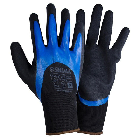 Перчатки трикотажные Sigma с двойным нитриловым покрытием сине-черные манжет р10 (9443681)
