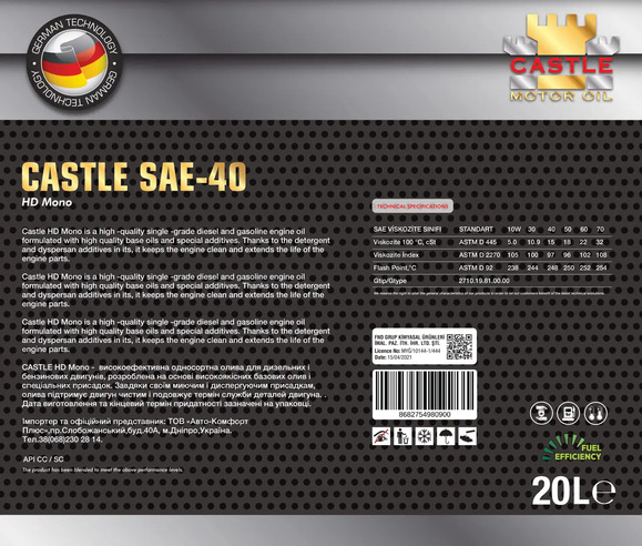 Моторна олива CASTLE MOTOR OILS SAE 40 API CC, 20 л (63532) фото 2
