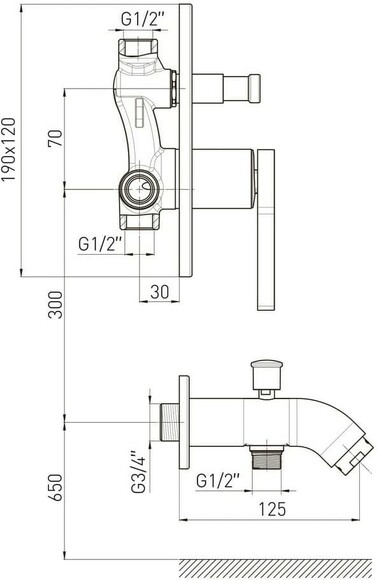 Смеситель для ванны Volle Mora 1537.100301 с изливом (переключателем), скрытый монтаж, 35 мм, cromo изображение 2