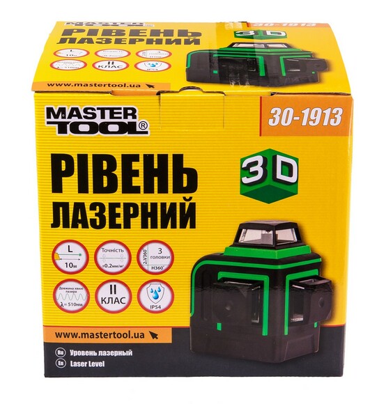 Лазерний рівень MASTERTOOL, 10 м ±0.2 мм/м, 3 головки, 510 нм (30-1913) фото 6