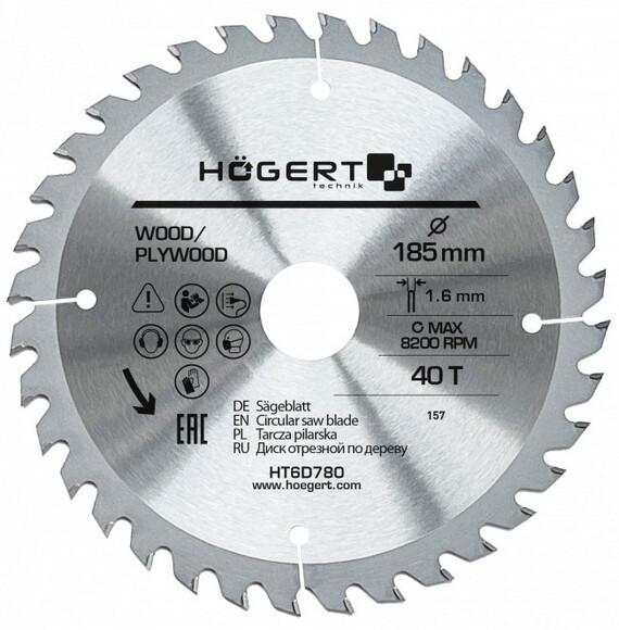 Диск пиляльний по дереву HOEGERT 40Т, 185х30 мм (HT6D780)