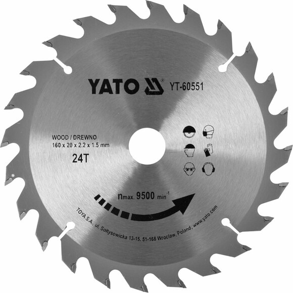 Диск пильний по дереву з побідитовими напайками Yato YT-60551 (160x20x2.2x1.5 мм), 24 зубців