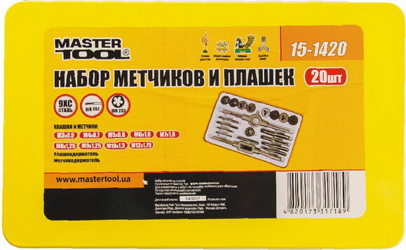 Мітчики та плашки MASTERTOOL М3-М12 з тримачем, набір 20 шт (15-1420) фото 2