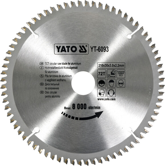 Диск пильний YATO по алюмінію 210х30х3.0x2.2 мм, 72 зубців (YT-6093)