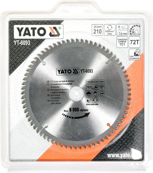 Диск пильный YATO по алюминию 210х30х3.0x2.2 мм, 72 зубца (YT-6093) изображение 2