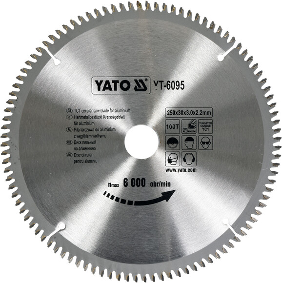 Диск пиляльний YATO по алюмінію 250х30х3.0x2.2 мм, 100 зубців (YT-6095)