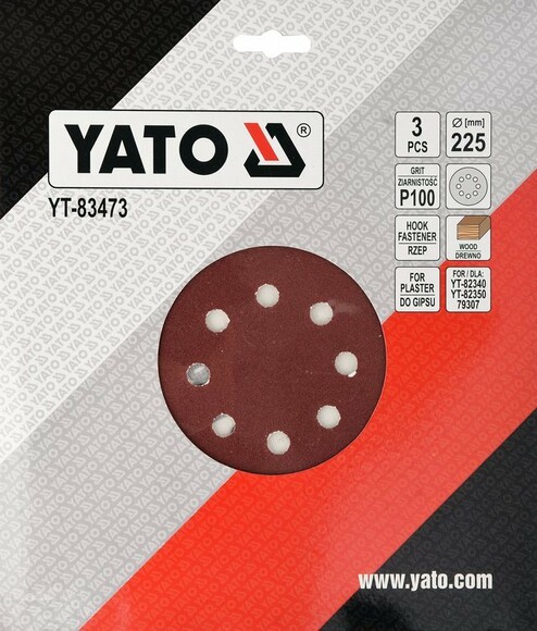 Круг шлифовальный с липучкой Yato YT-83473 для YT-82340 и YT-82350 (диам. 225 мм, Р100) изображение 2