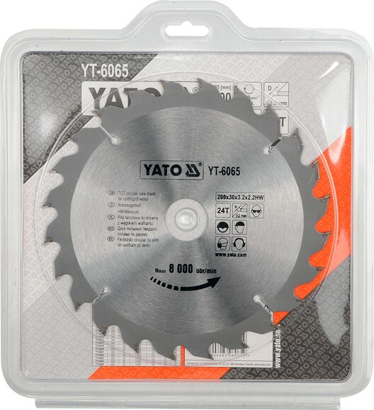 Диск пильный YATO по дереву 200х30x3.2x2.2 мм, 24 зубца (YT-6065) изображение 2