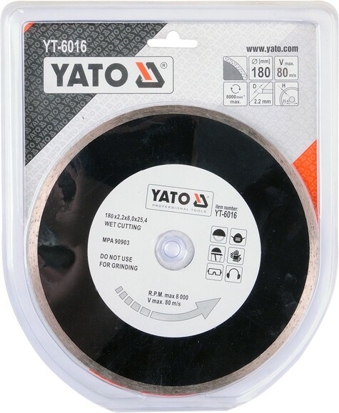 Диск алмазний YATO суцільний 180x8,0x25,4 мм (YT-6016) фото 2