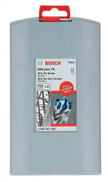 Бур по армированному бетону Bosch SDS plus-7X 5,6,8x115 мм, 8,10,12x165 мм, 7 шт (2607017502) изображение 3