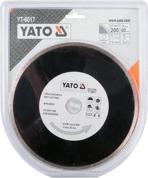Диск алмазний YATO суцільний 200х8,0x25,4 мм (YT-6017) фото 2