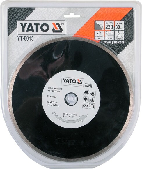 Диск алмазний YATO суцільний 230x5,3x22,2 мм для мокрого різання (YT-6015) фото 2