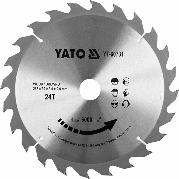 Диск пильний по дереву з побідитовими напайками Yato YT-60731 (255x30x3.0x2.0 мм), 24 зубців
