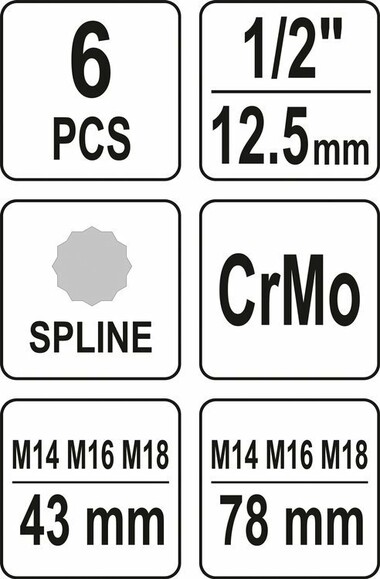 Набір ударних отверточних насадок Yato SPLINE 43х78 мм M14, M16, M18 (YT-10652) фото 4