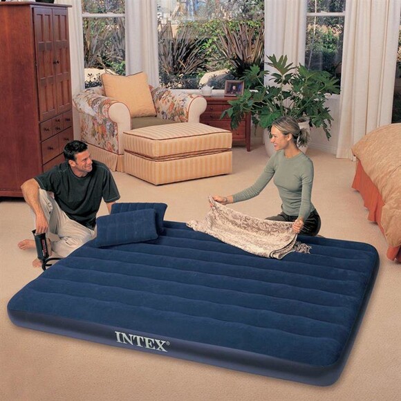 Двуспальный надувной матрас Intex 152х203x22см Classic Downy + ручной насос и 2 надувные подушки (68765) изображение 4