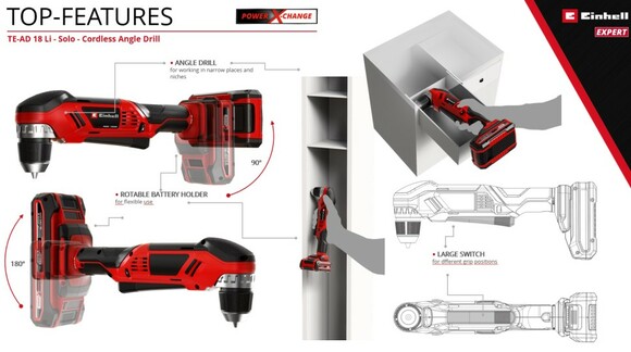 Дриль кутовий акумуляторний Einhell TE-AD 18 Li-Solo (4514290) (без АКБ та ЗП) фото 12