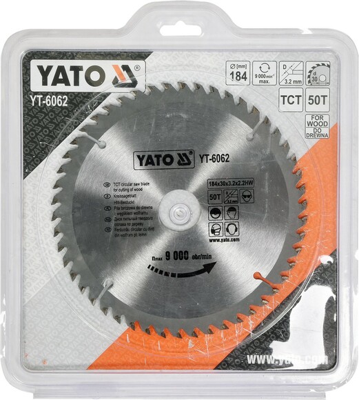 Диск пильний YATO по дереву 184х30х3.2х2.2 мм, 50 зубців (YT-6062) фото 2