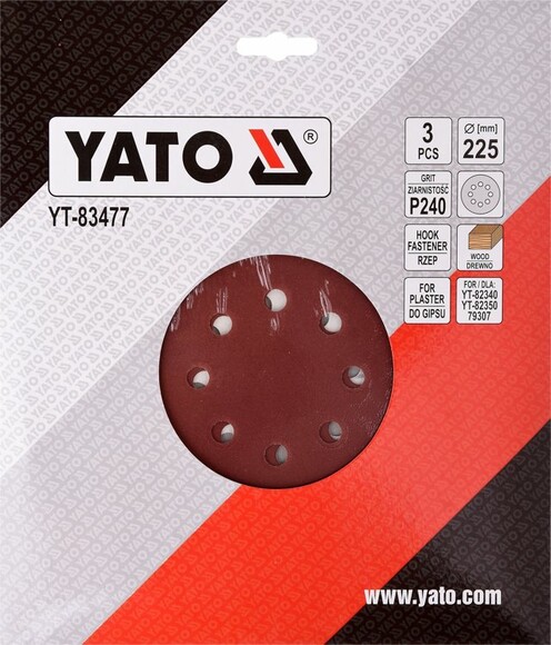 Диск шліфувальний з липучками Yato YT-83477 для YT-82340 і YT-82350 (діам. 225 мм, Р240) фото 2