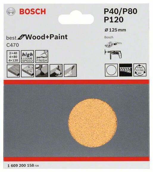 Шліфлист Bosch Expert for Wood and Paint C470, 125 мм, K40/80/120, 10 шт. (1609200158) фото 2