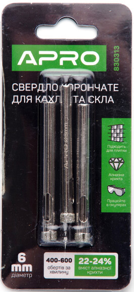 Алмазное сверло трубчатое APRO 6 мм, 3 шт (830313) изображение 3