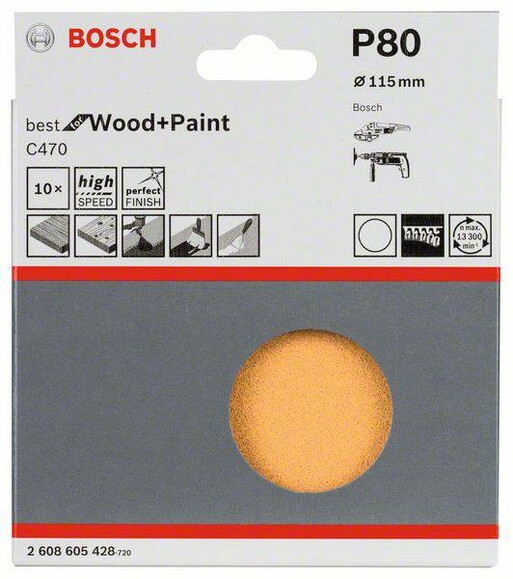 Шлифлист Bosch Expert for Wood and Paint C470, 115 мм, K80, 10 шт. (2608605428) изображение 2