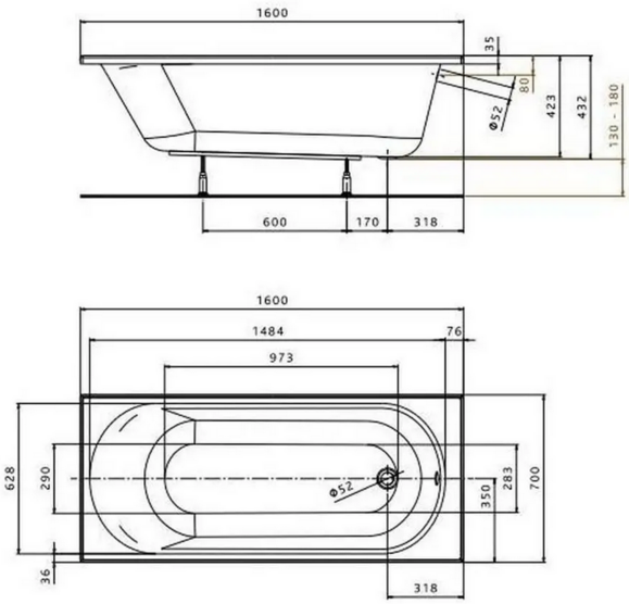 Ванна прямокутна KOLO OPAL PLUS 160х70 см, без ніжок (XWP136000N) фото 2