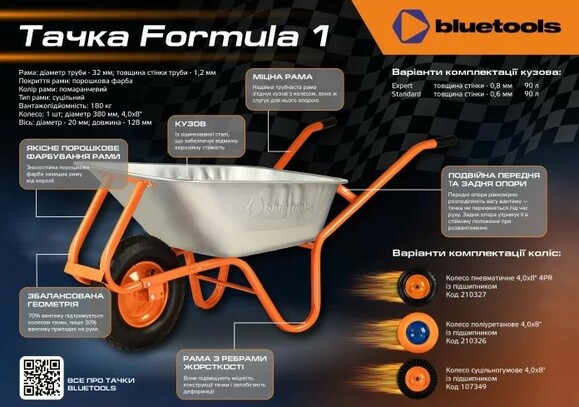 Тачка строительная BLUETOOLS Formula 1 Expert, 90 л, 180 кг (220-4011) изображение 2