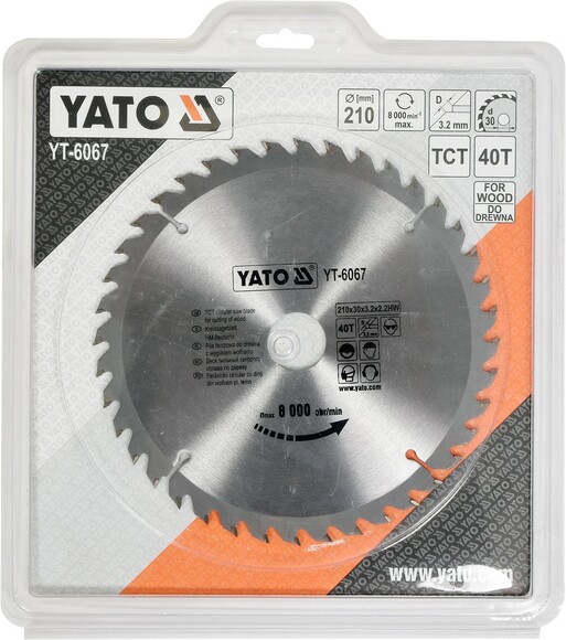 Диск пильный YATO по дереву 210х30x3.2x2.2 мм, 40 зубцов (YT-6067) изображение 2