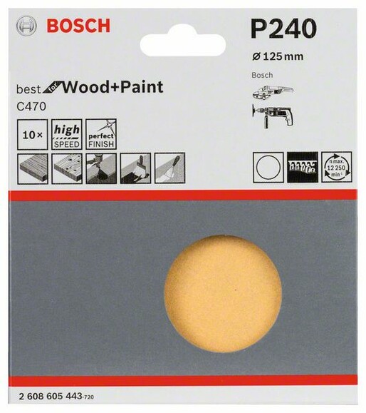 Шліфлист Bosch Expert for Wood and Paint C470, 125 мм, K240, 10 шт. (2608605443) фото 2