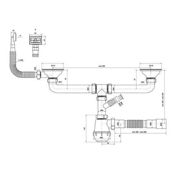 Сифон двойной для кухонной мойки KronoPlast 3 1/2''х40 мм с резьбовыми выпусками, квадратный перелив SM45720343 (CV008573) изображение 2
